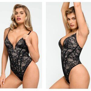 Popilush Black Plunging V-Neck Lace Hourglass Corset Bodysuit Sz XXL